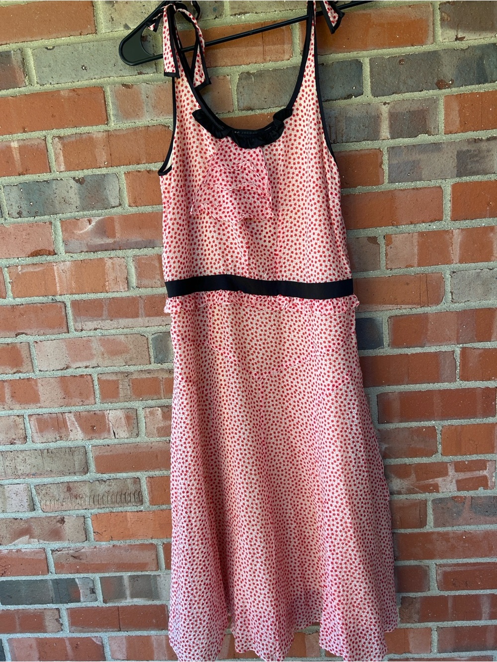 Marc Jacobs 100% silk Pink w Red polka Dot Midi Dress with Black Trim